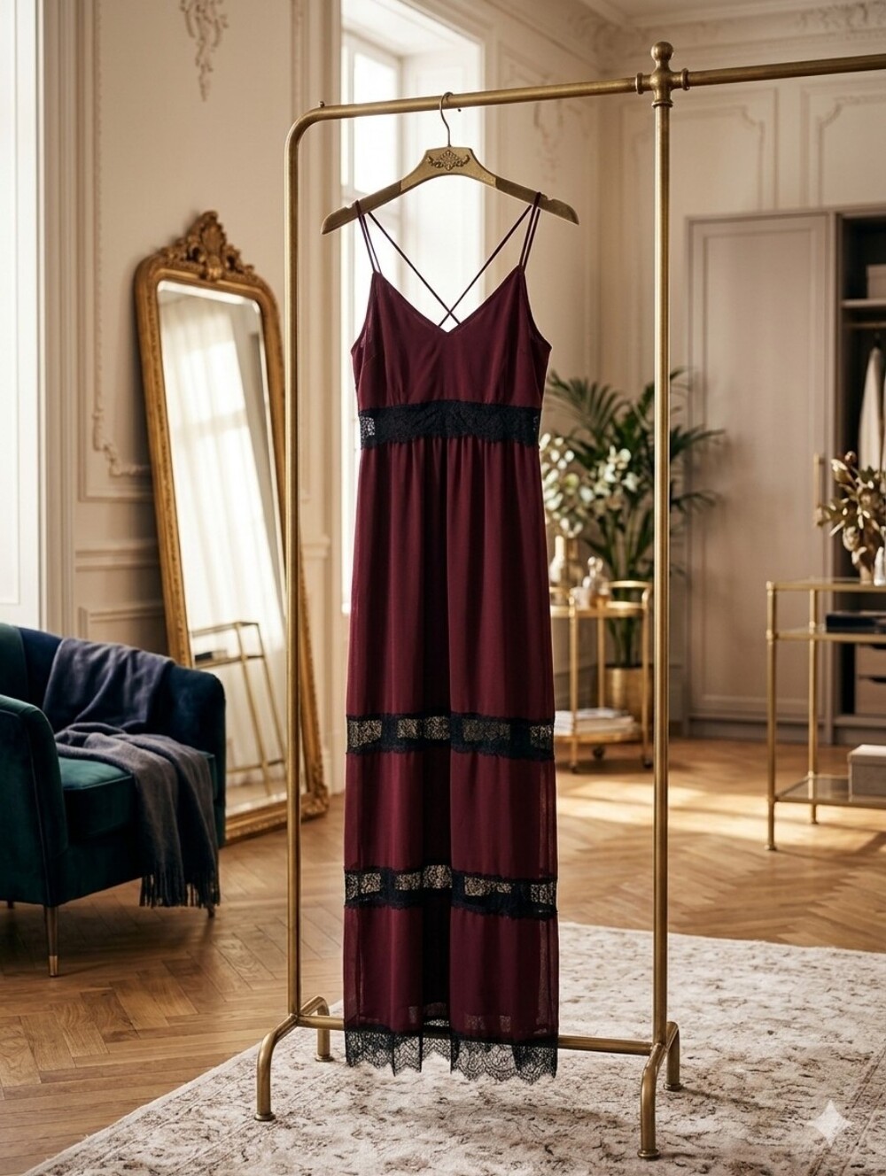 H&M Whimsigoth Burgundy Lace Maxi Dress Black Trim Fairy Grunge Boho Witchy Goth - Picture 1 of 8